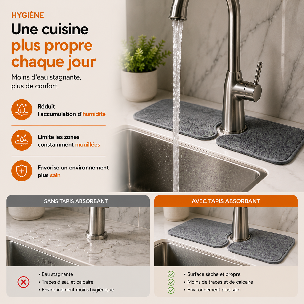 Le tapis absorbant MINOVA™ qui garde votre évier impeccable