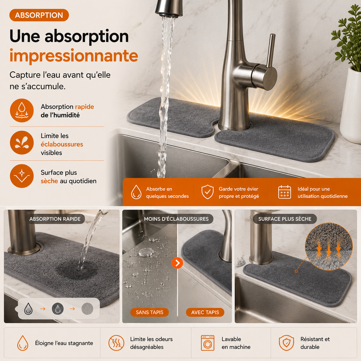Le tapis absorbant MINOVA™ qui garde votre évier impeccable