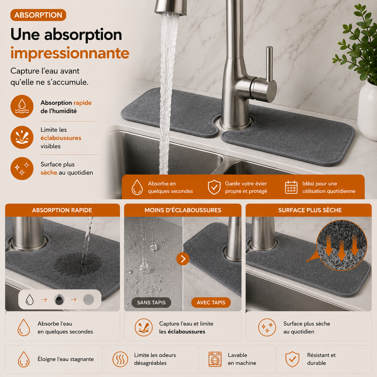 Le tapis absorbant MINOVA™ qui garde votre évier impeccable